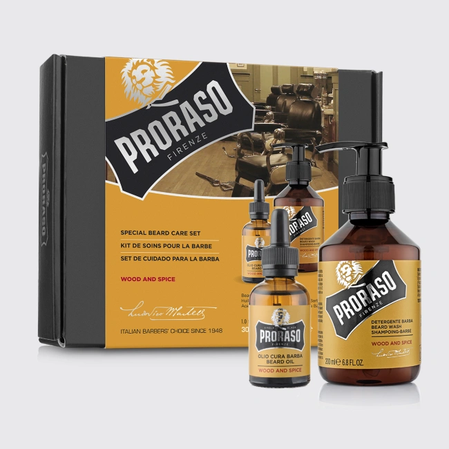 Proraso, Комплект за грижа за брадата Wood & Spice, Масло и шампоан за брада, 30 ml + 200 ml