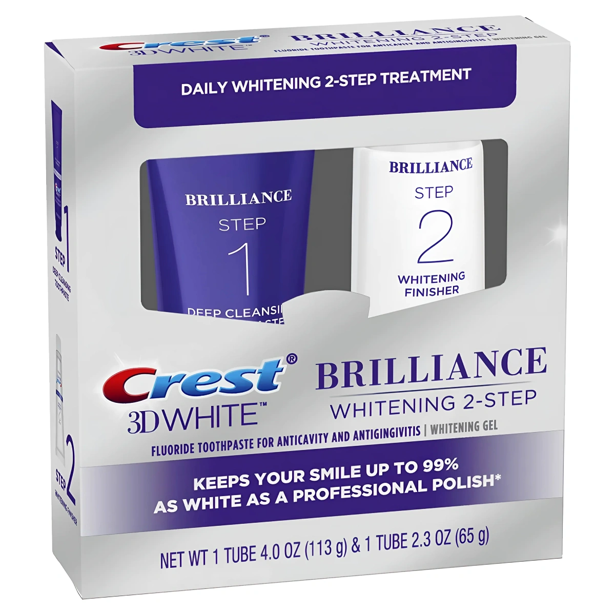 Crest, 3D White Brilliance 2‑Step Whitening Toothpaste Kit, Дневно избелващо лечение, 178g