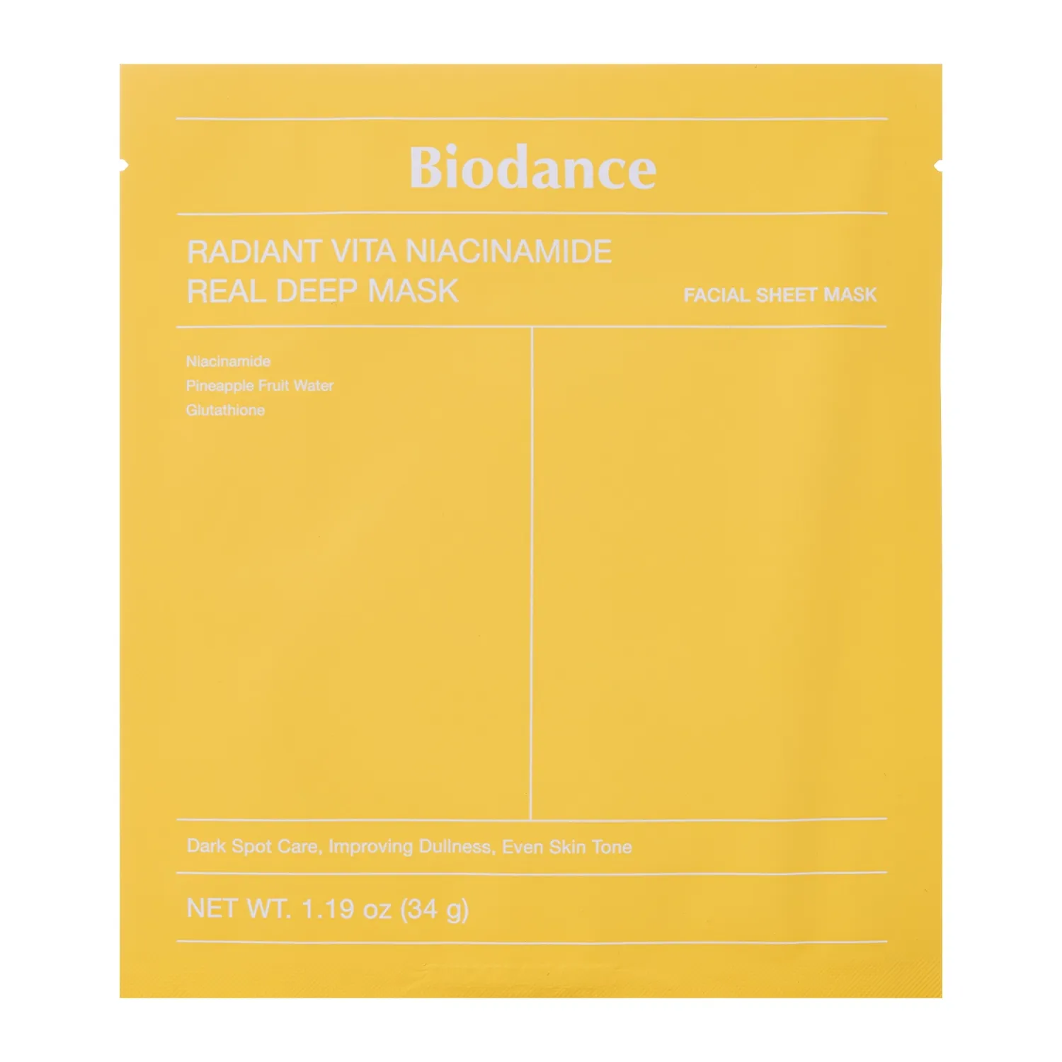 Biodance, Radiant Vita Niacinamide Real Deep Mask, Хидратираща и осветляваща маска, 34 g