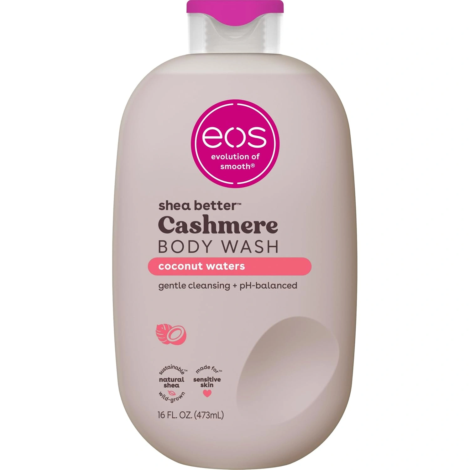 Eos, Гел за душ Cashmere с кокосова вода, хидратиращ гел за душ с масло от шеа, глицерин и витамин E, веган, 473 ml