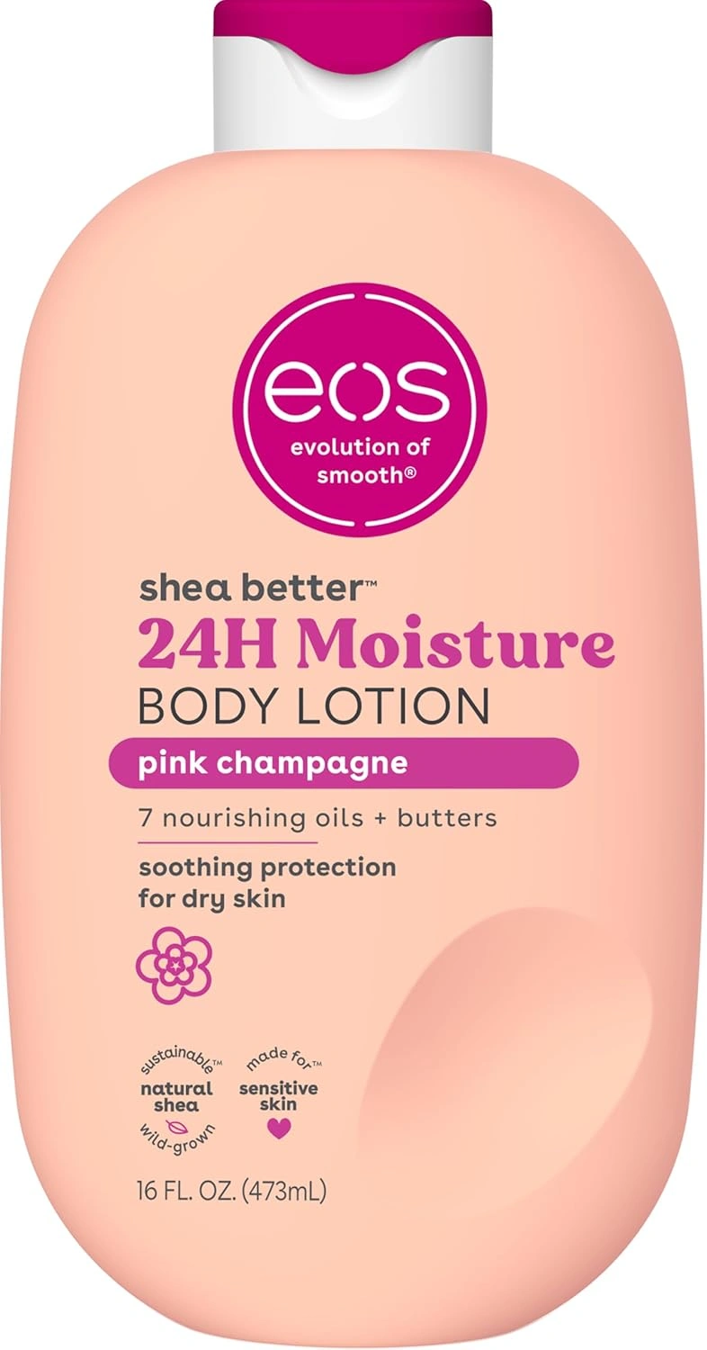 Eos, Лосион за тяло Shea Better Pink Champagne, хидратиращ лосион за тяло с шеа, веган, 473 ml