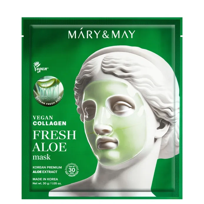 Mary& May Вегански колаген с пресен алое маска, Успокояваща и стягаща маска, 30g
