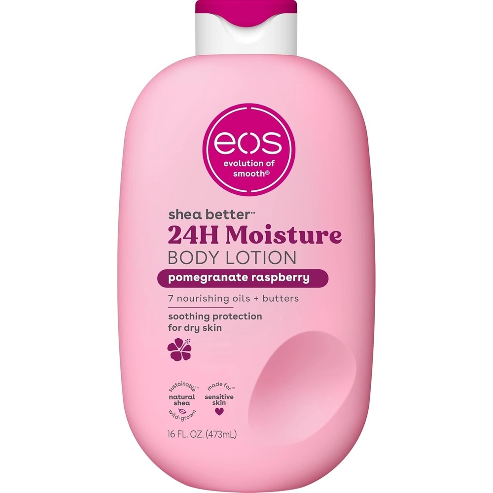 Eos, Shea Better Body Lotion Pomegranate Raspberry, хидратиращ лосион за тяло с шеа, веган, 473 ml